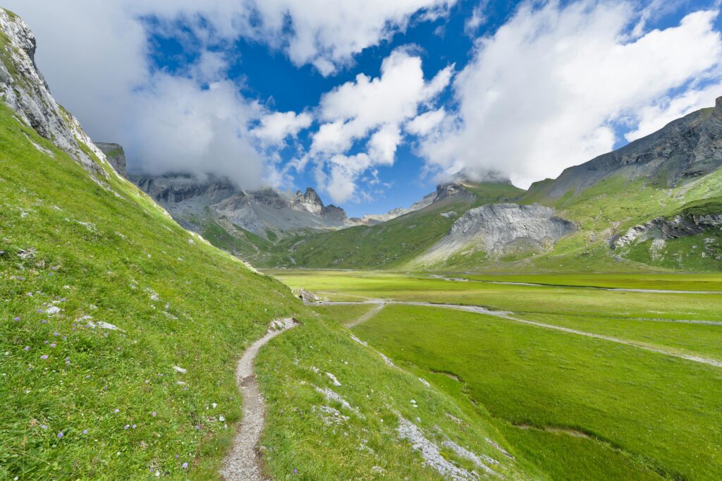 Explore the stunning green valleys and majestic mountains of the Swiss Alps.